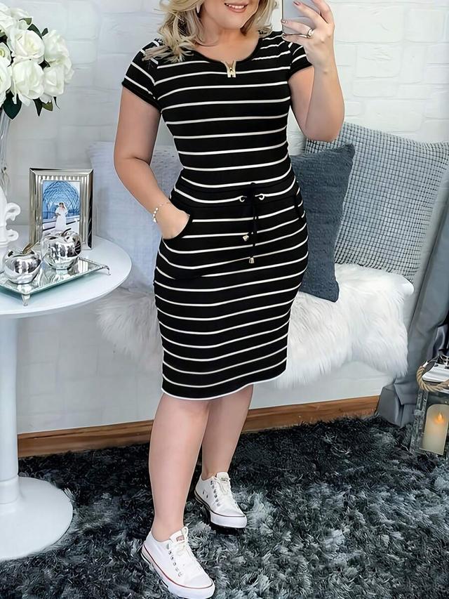 striped cotton jersey drawstring waist sheath dress