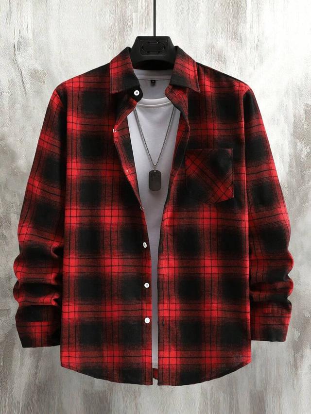 red plaid long sleeve flannel shirt