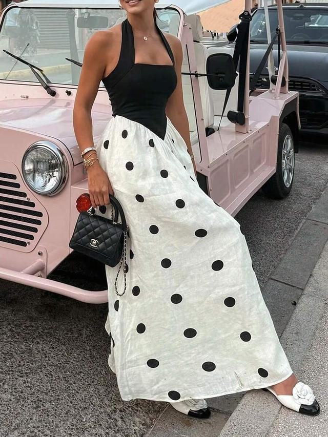 women's polka dot linen blend halter dress