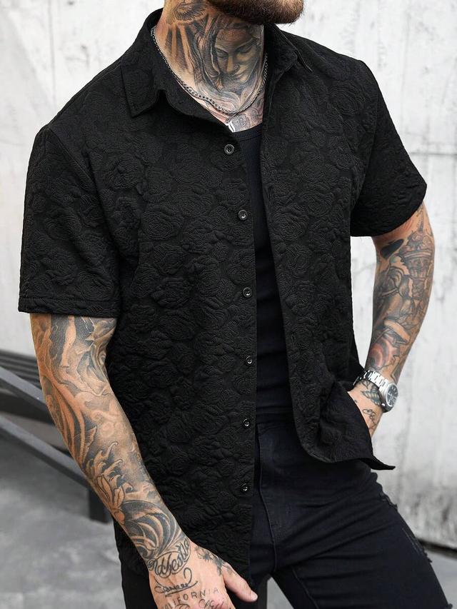 black floral jacquard short sleeve casual shirt