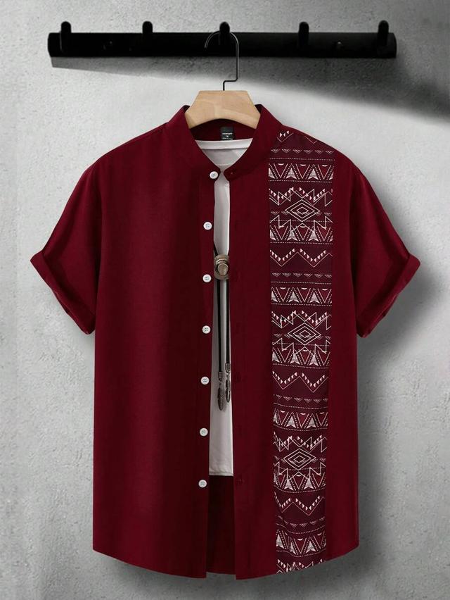 burgundy short sleeve shirt with geometric print panel