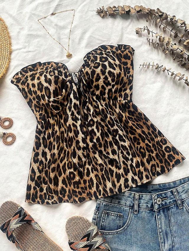 leopard print ruffle splice tie-front bow blouse