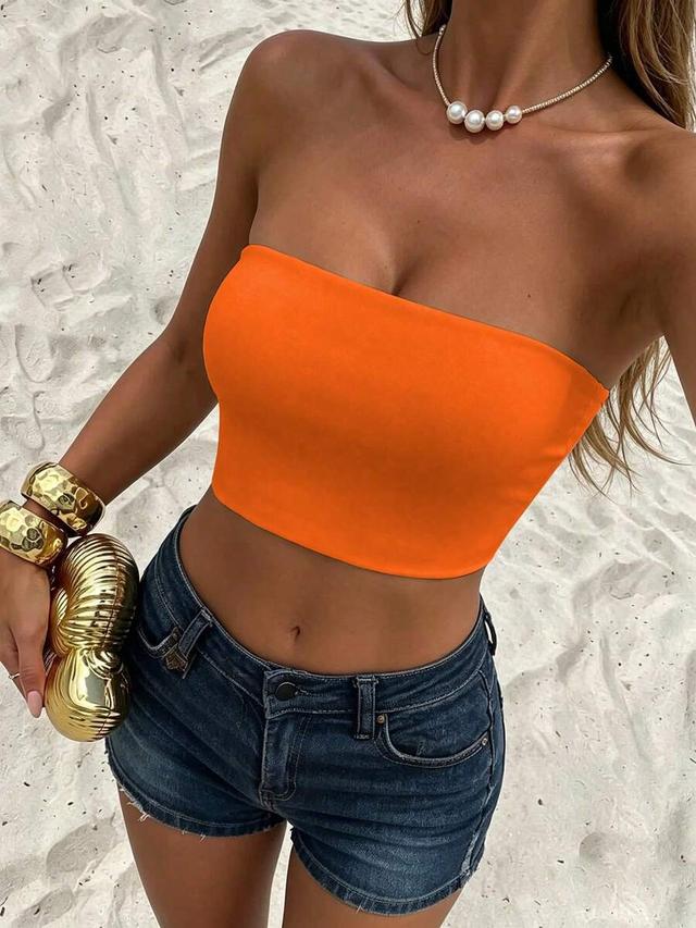 allurite women's orange solid slim fit tube top
