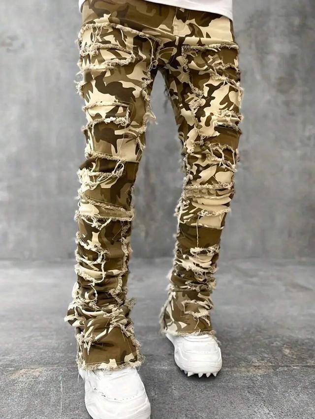 men camo print ripped stacked jeans
