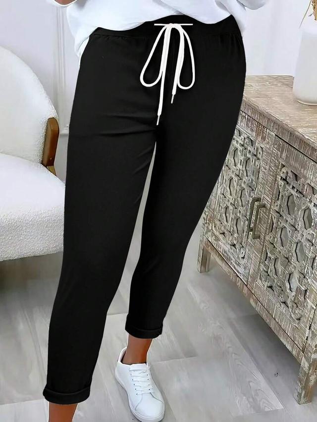fashionable casual solid color drawstring waist long pants black