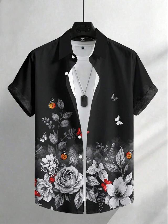 floral butterfly print short sleeve casual shirt