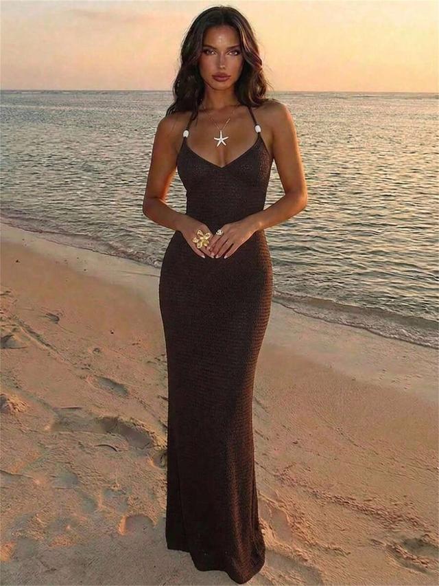 brown textured knit halter maxi dress