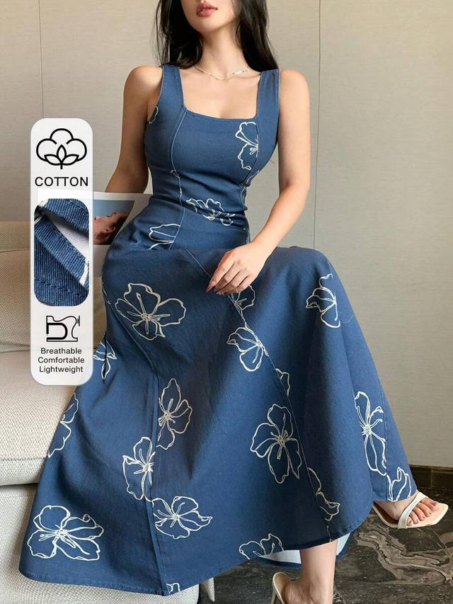 blue cotton floral print square neck midi dress