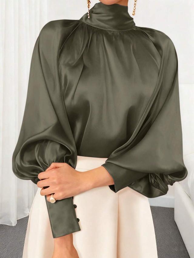 olive green high collar lantern sleeve satin blouse