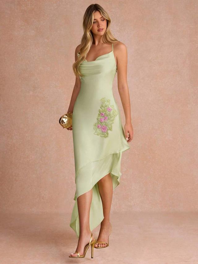 light green floral embroidered cowl neck midi dress