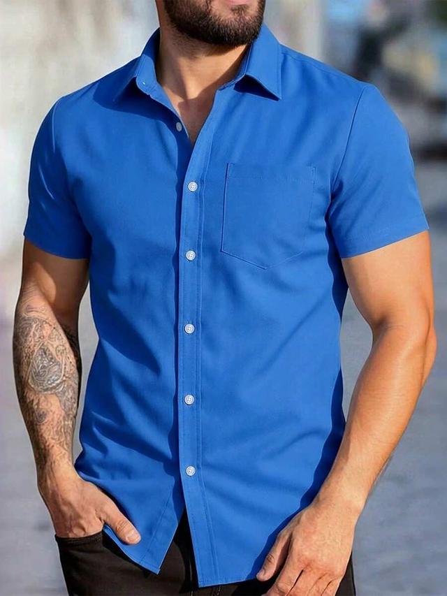 solid blue minimalist short sleeve casual shirt