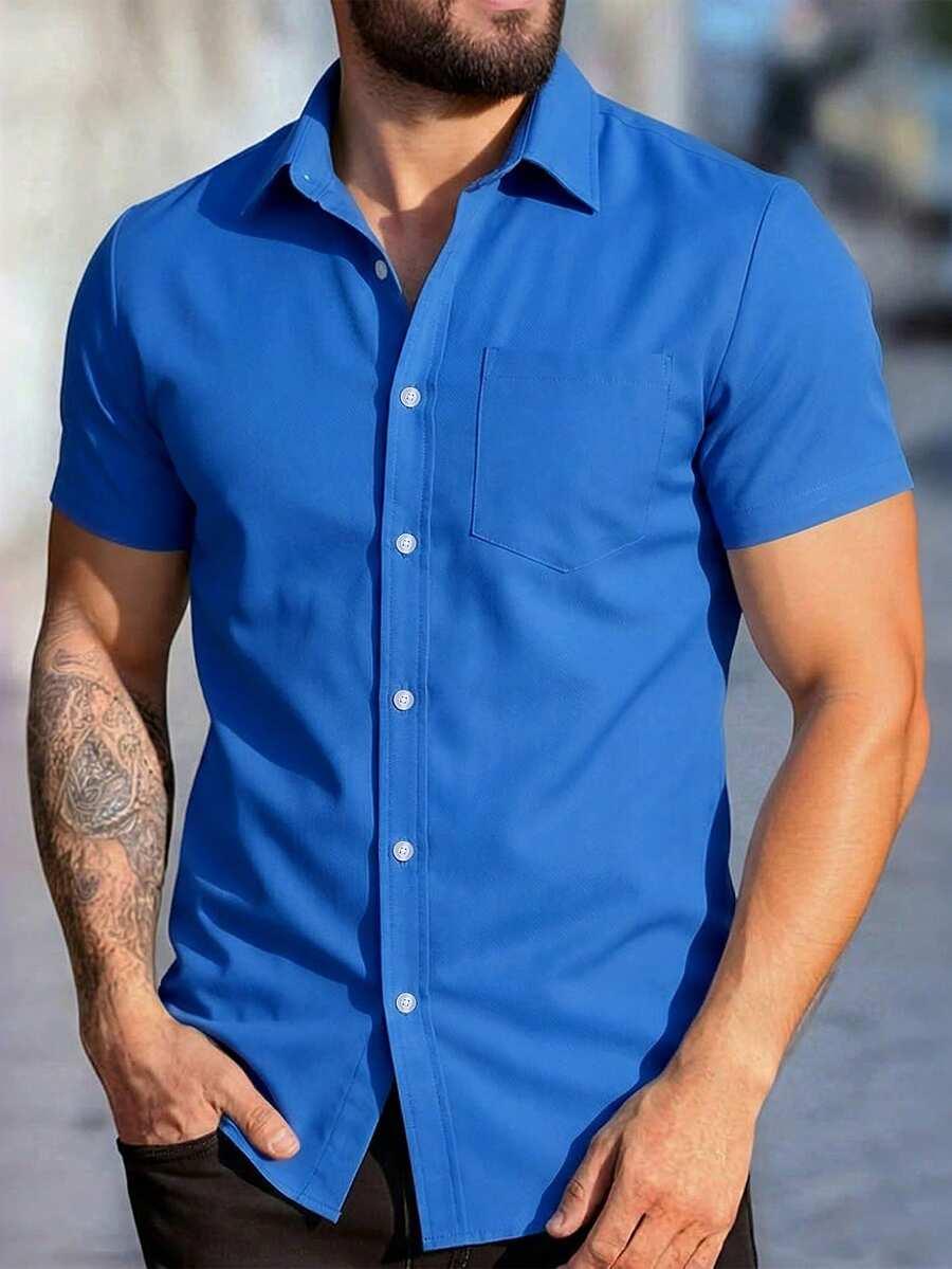 solid blue minimalist short sleeve casual shirt