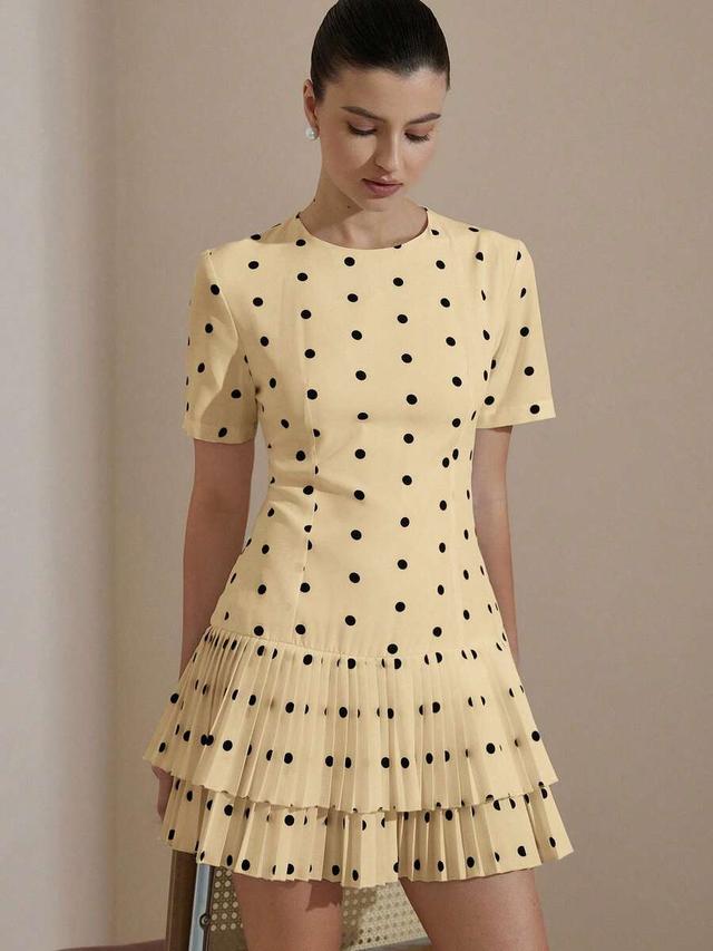 yellow polka dot round neck layered ruffle dress