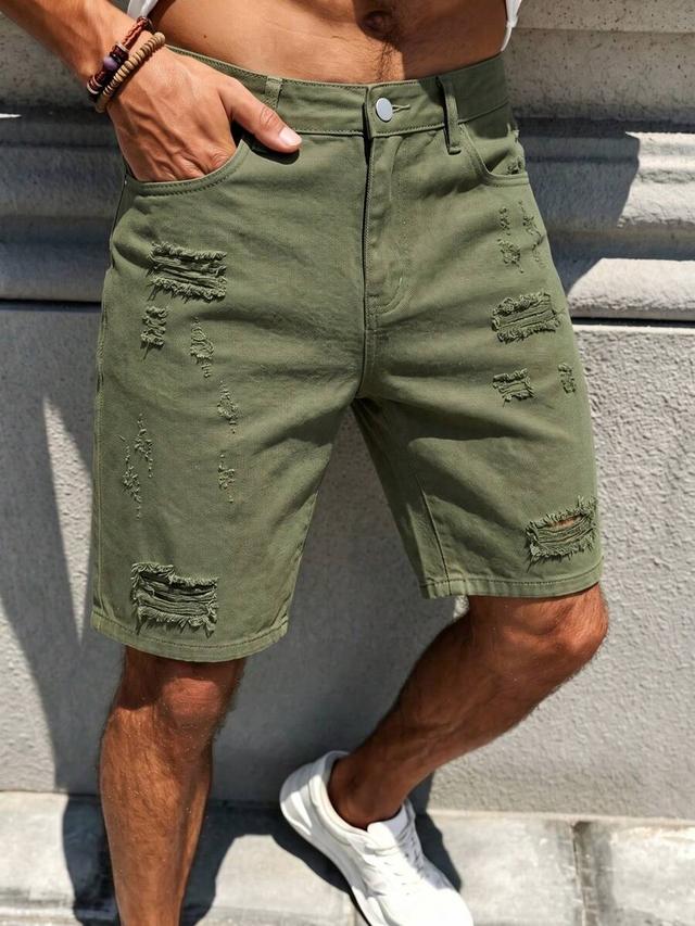 olive green distressed straight leg denim shorts