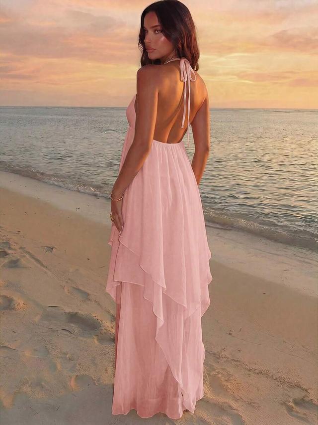 dusty pink layered chiffon halter beach dress