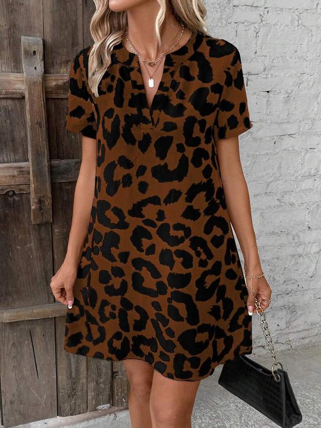 leopard print notched neckline casual shift dress