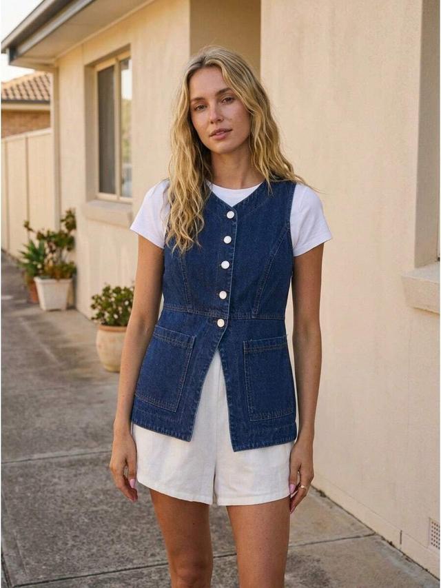 light blue vintage dark blue denim vest with simple large pockets