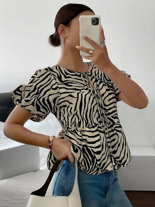 siren gaze zebra print v-neck puff sleeve blouse