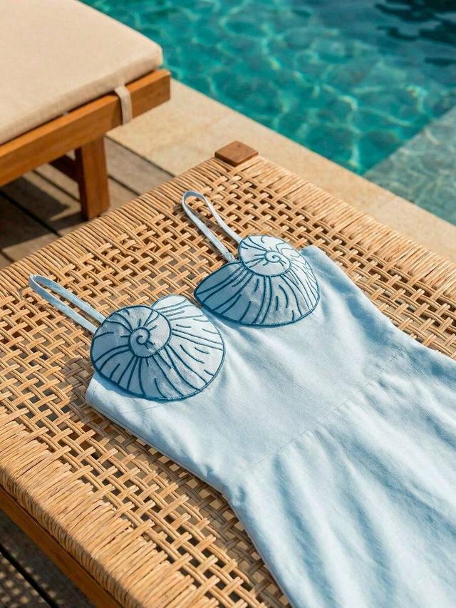 baby blue shell embroidery long summer dress