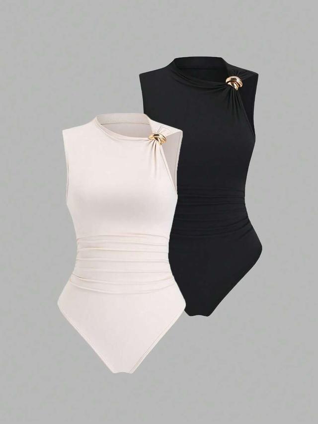 ivory asymmetrical collar waist gathering bodysuit set