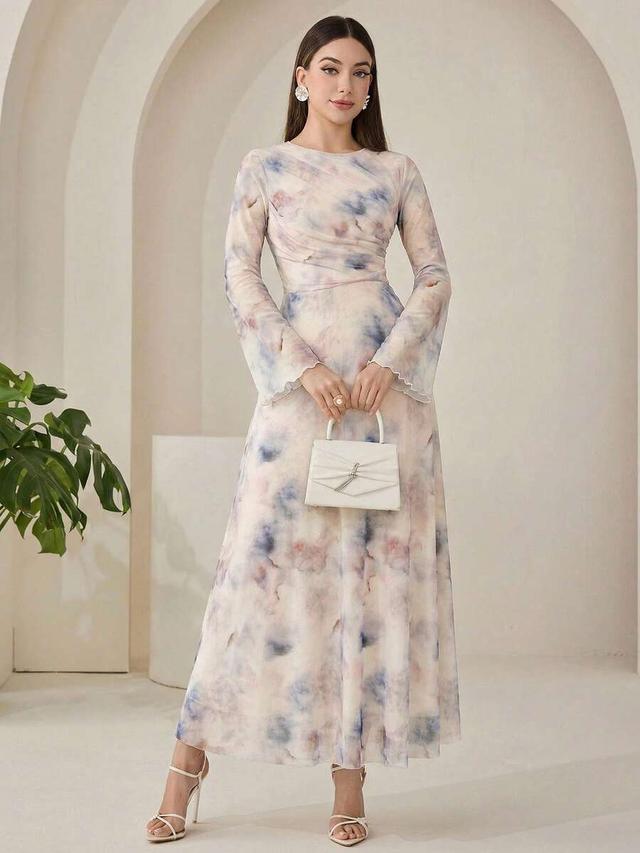 veilorie women's tie-dye round neck flare sleeve long dress
