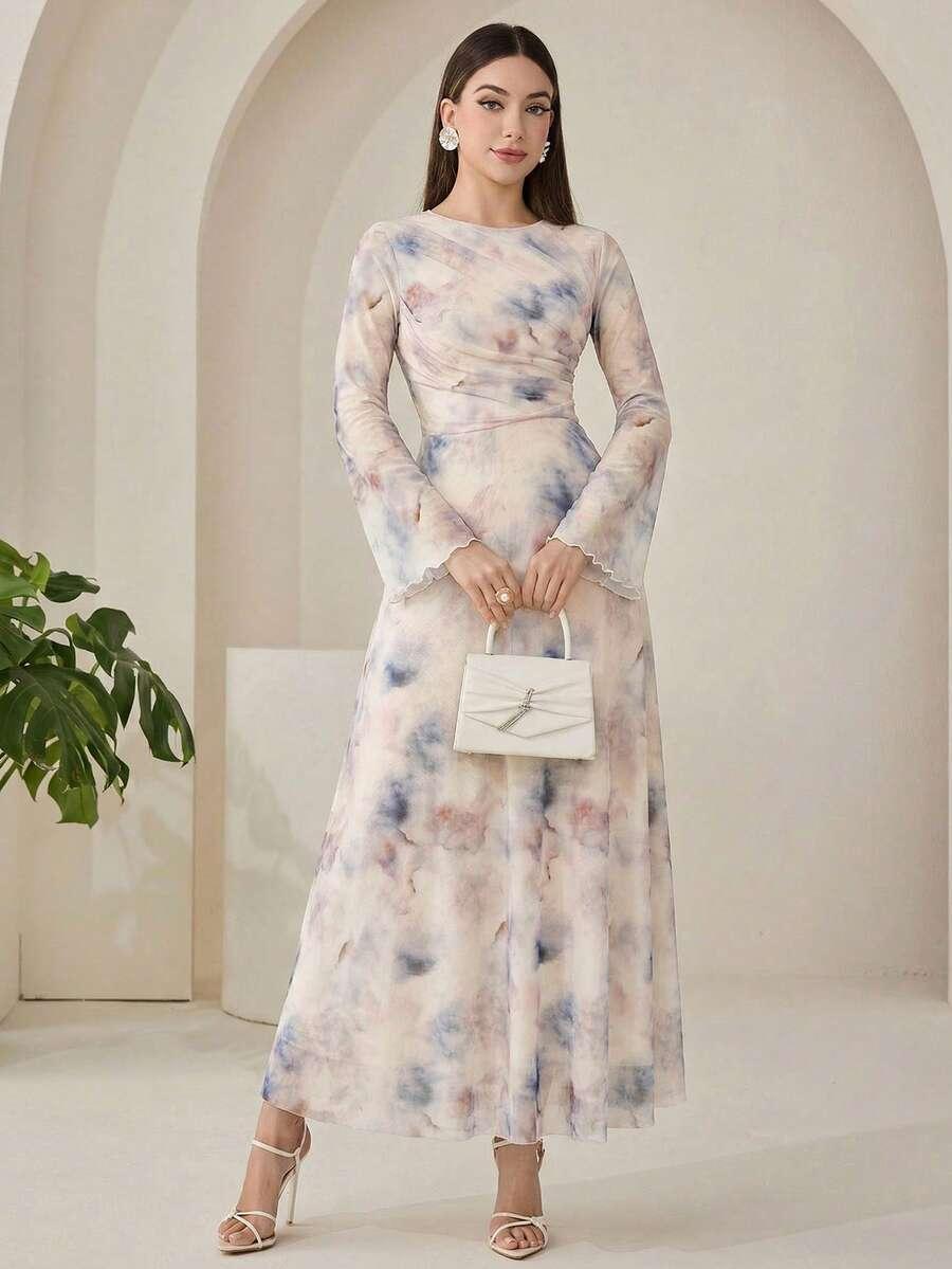 veilorie women's tie-dye round neck flare sleeve long dress