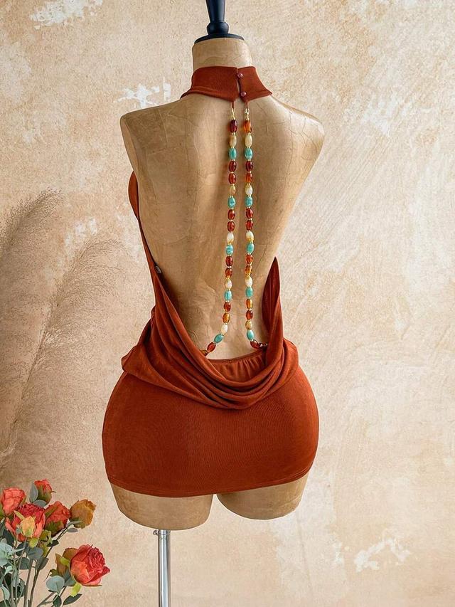 rust orange halter backless beaded mini dress