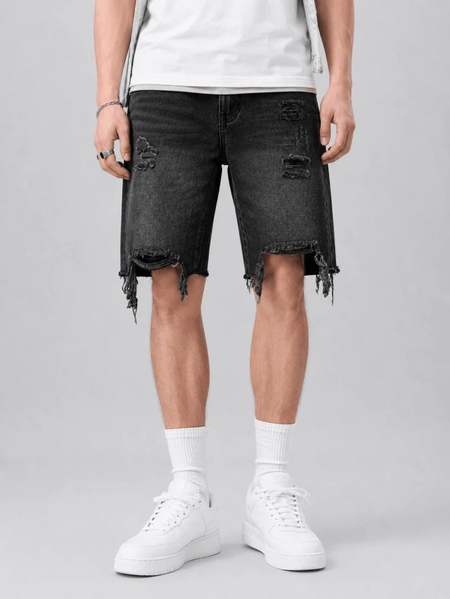 men's black distressed denim summer shorts