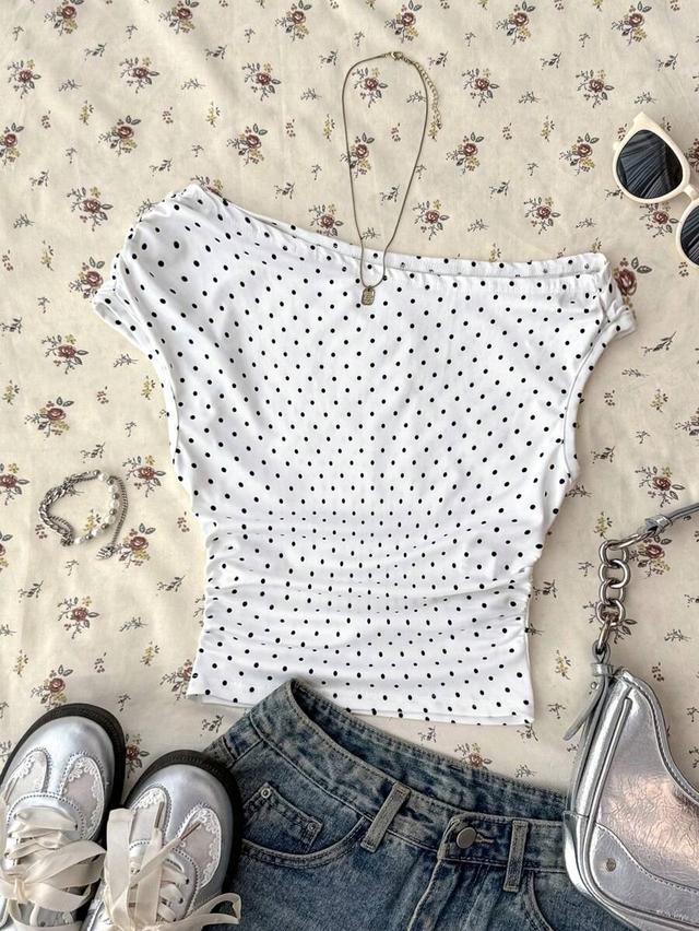 white polka dot ruched asymmetric shoulder top