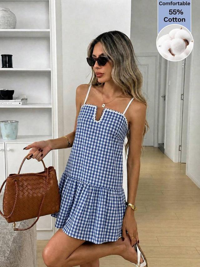blue and white gingham cotton mini dress