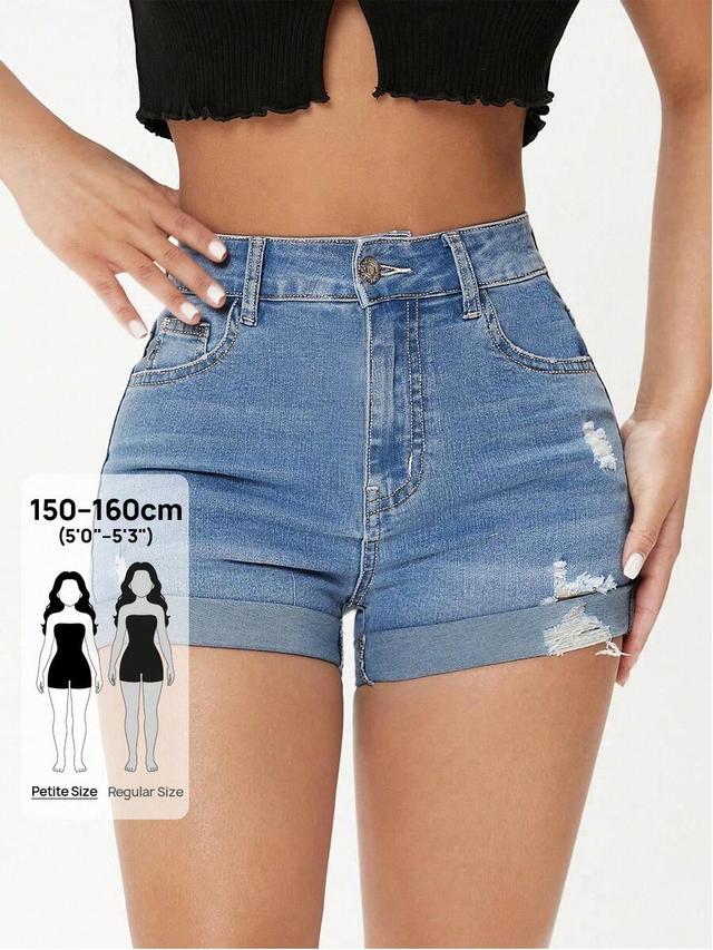 high waist distressed denim shorts with rolled cuffs
