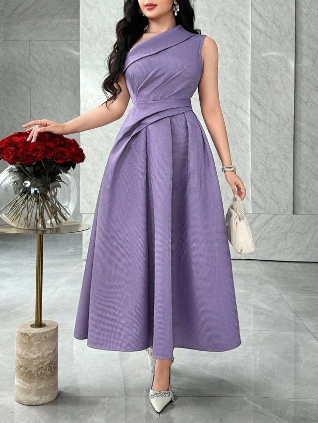 feyla asymmetric shoulder waist ruched a-line party dress
