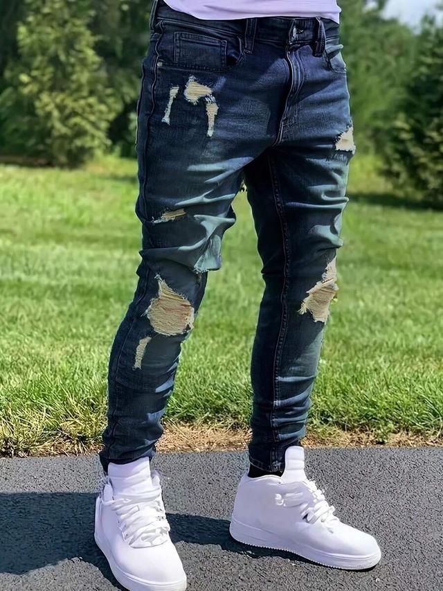 men's fashionable slim fit casual distressed washed skinny jeans