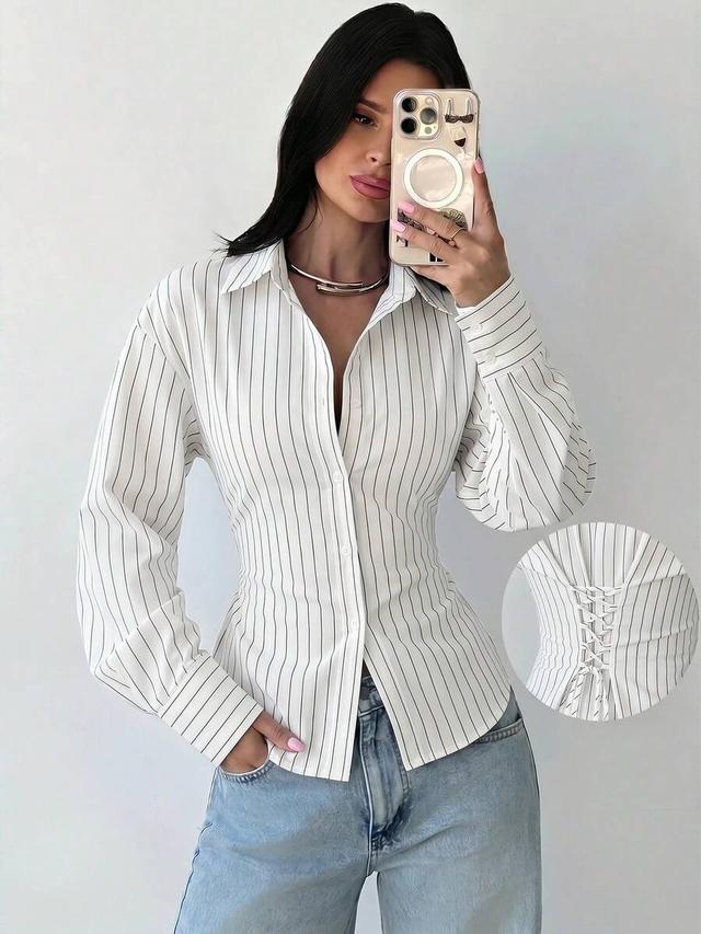 striped long sleeve shirt with back corset lacing