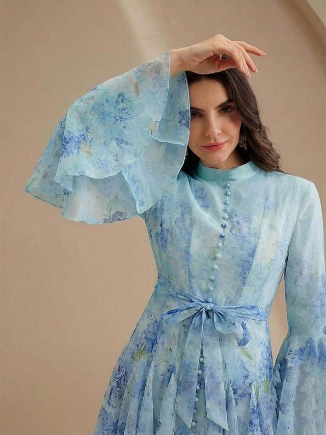 elegant blue floral print flared sleeve waist defined robe
