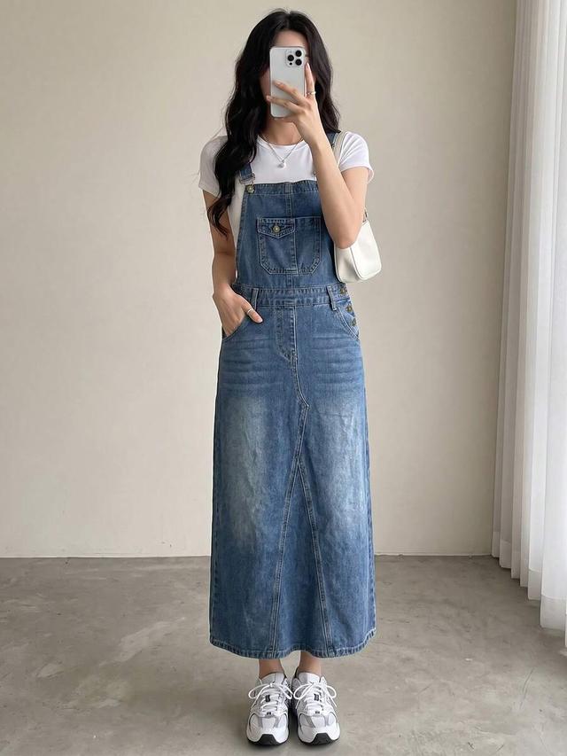 retro literary style denim strap skirt with pockets