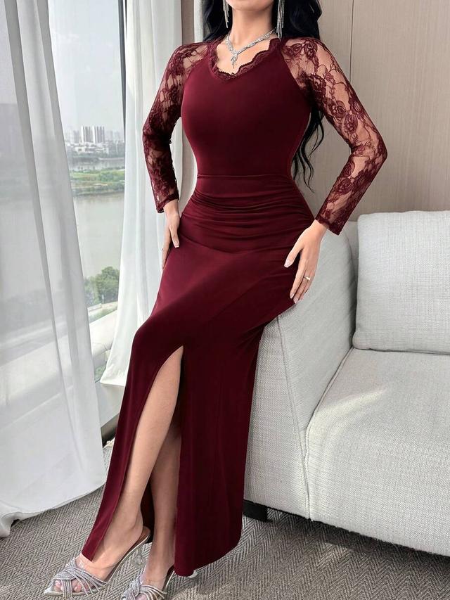 burgundy lace patchwork sheer long sleeve mermaid dress