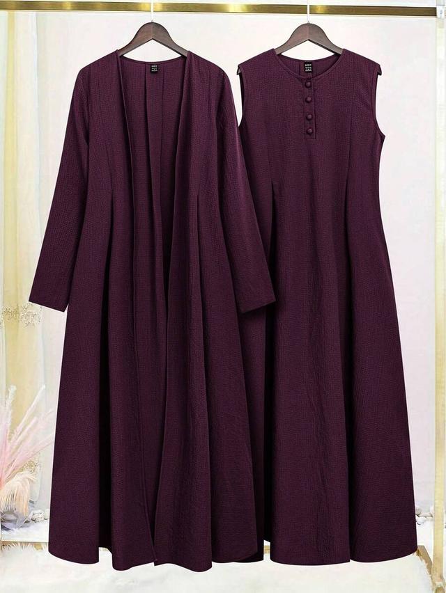 purple textured open front jacket and sleeveless dress set
