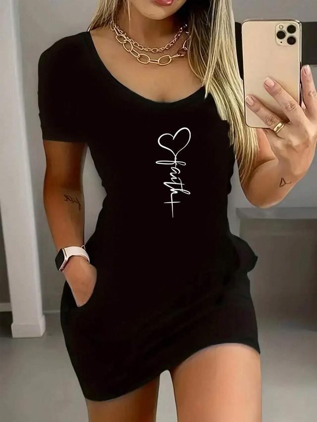 black cotton jersey t-shirt dress with faith print