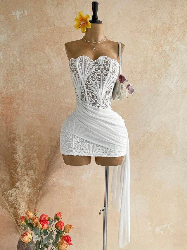 white lace textured draped mesh bustier mini dress
