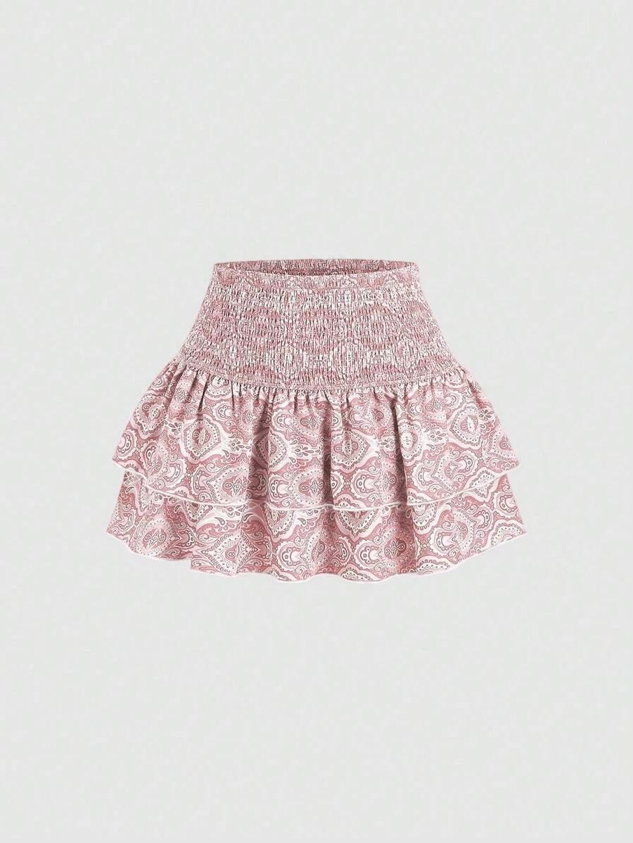 pink cashew flower pattern double-layer ruffle mini skirt