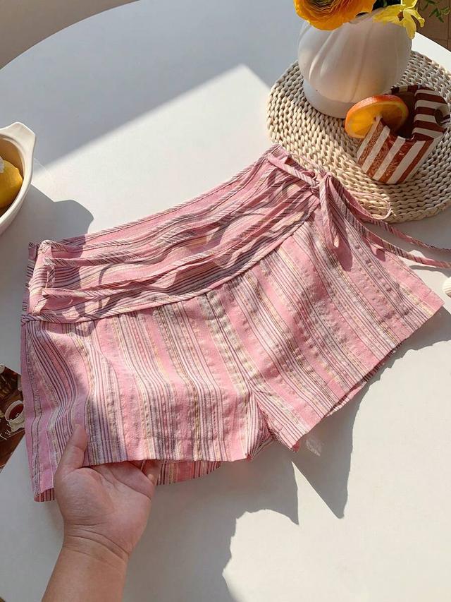 pink striped cotton knotted summer beach shorts