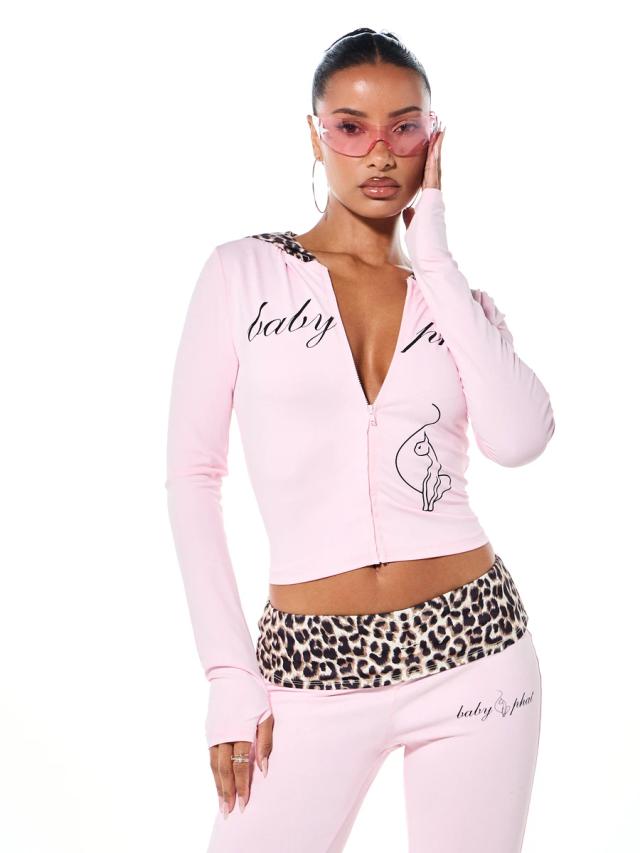 pink zip up hoodie with leopard print hood