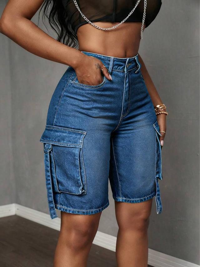 high-waisted blue denim cargo shorts