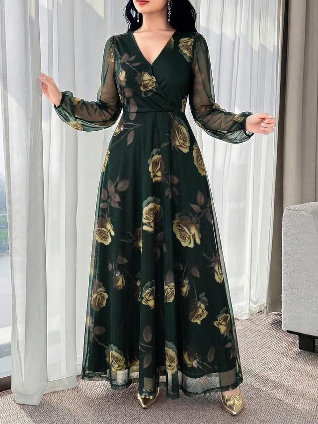 feyla dark green floral print wrap maxi dress