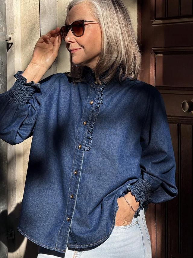 frill trim lantern sleeve loose denim shirt