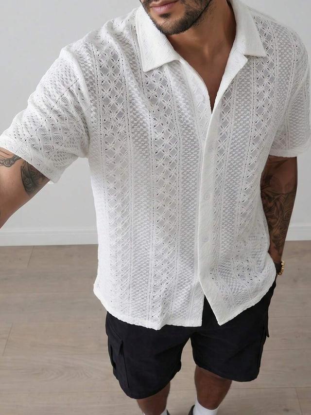 white textured short sleeve button down shirt