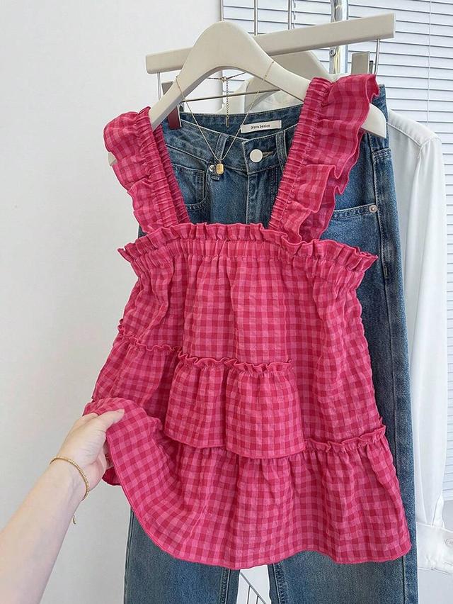 pink plaid sleeveless tiered ruffle top
