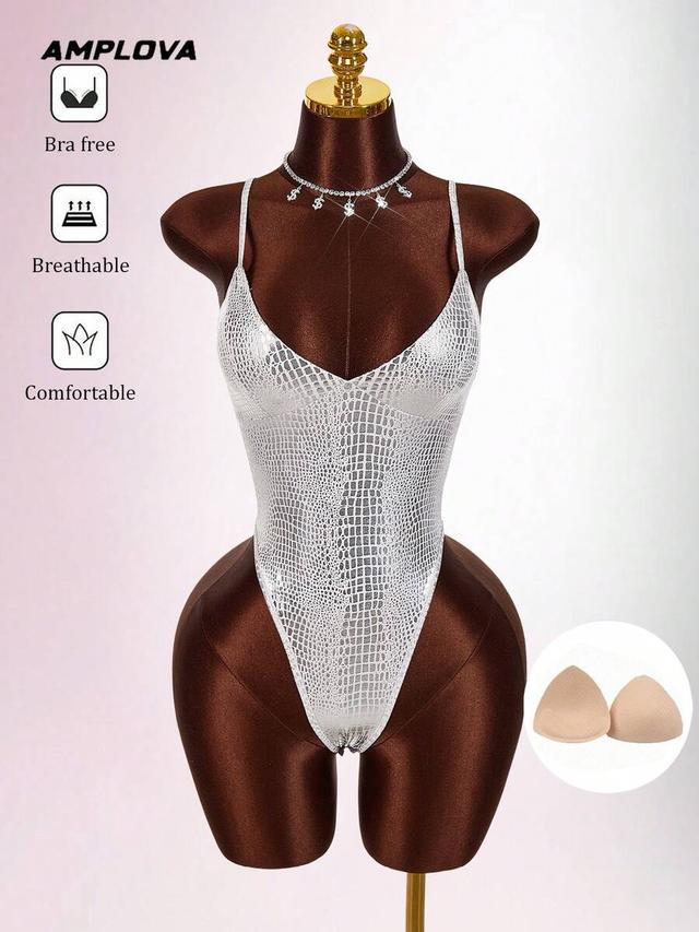 amplova silver snake skin texture glossy bustier bodysuit