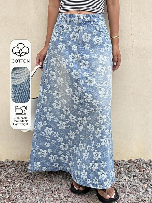 livesso women's floral print denim maxi skirt